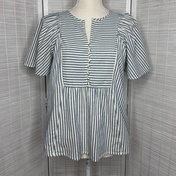 Madewell Tops - Madewell Top Courtyard Flutter Sleeve Blue Ivory Stripe V Neck Cotton Size XS